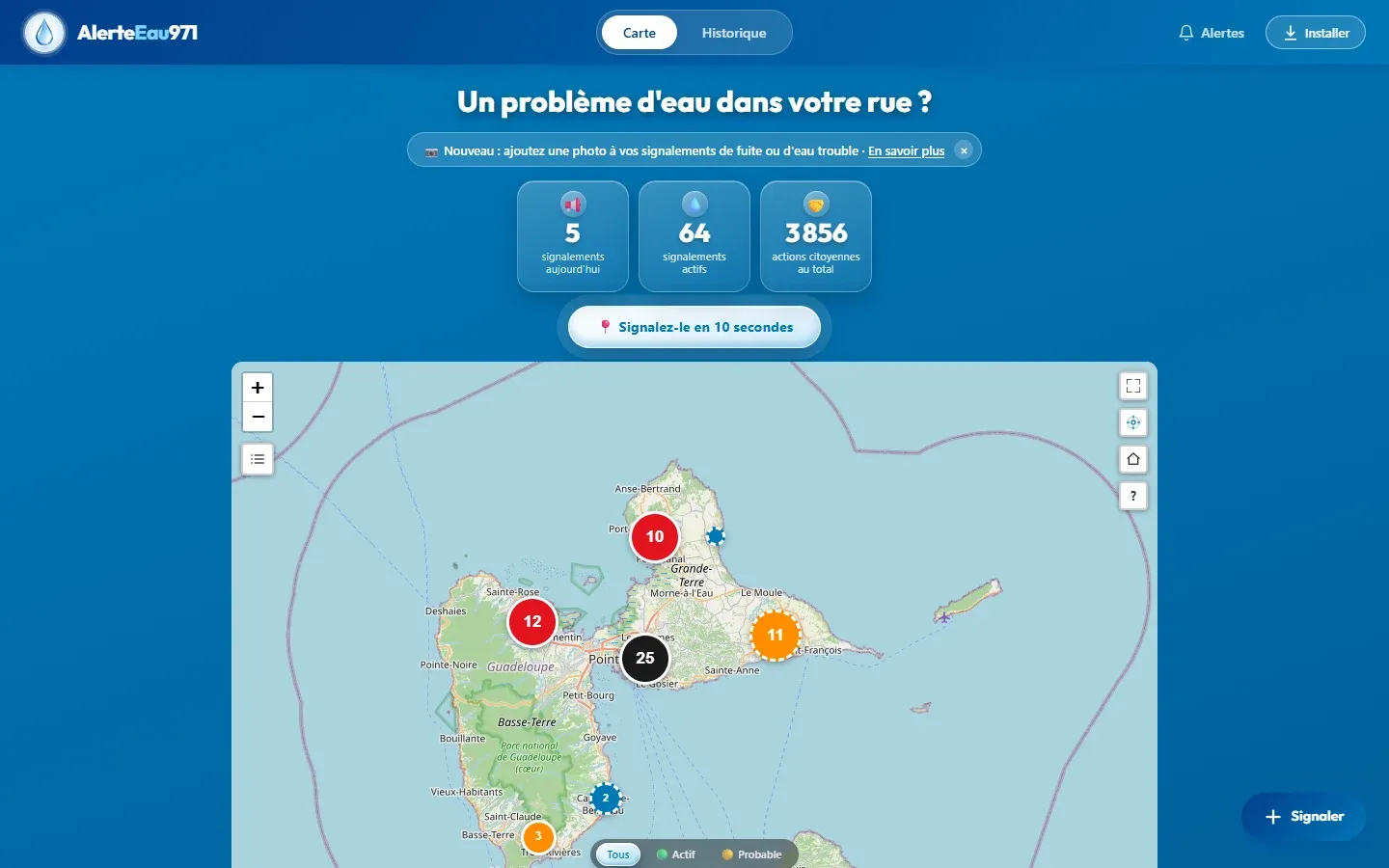 Site Alerte Eau 971 réalisé par drilweb, version ordinateur