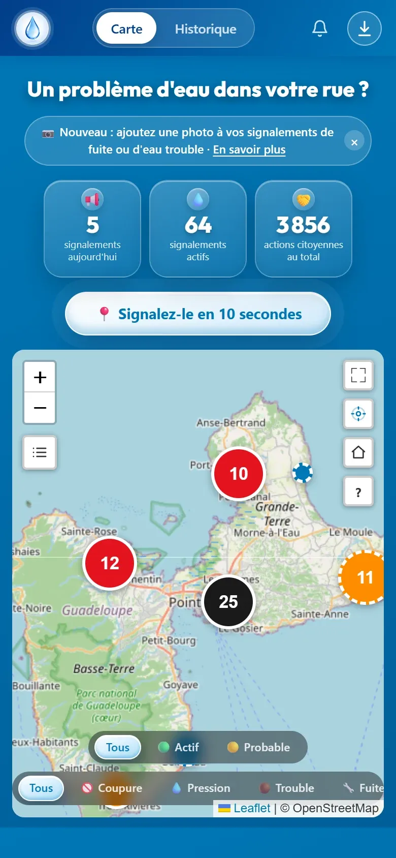 Site Alerte Eau 971 réalisé par drilweb, version mobile